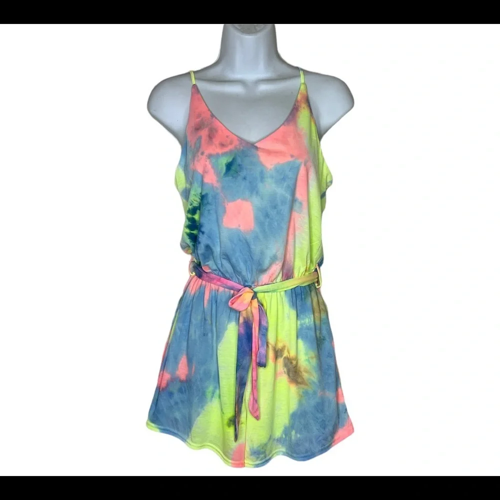 She+Sky womens size M Romper Jumpsuit shorts Boho Tie Dye sleeveless beach pink - Picture 11 of 12